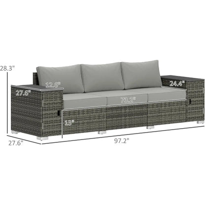 3 Seater Wicker Sofa with 2 Storage Side Tables and Thickened Cushions Rattan Outdoor Patio Sofa with Wide Armrests for Porch G