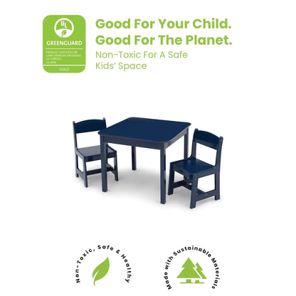 Kids Wooden Table and Chair Set with 2 Chairs, Deep Blue Color, Sturdy for Toddlers Ages 3+