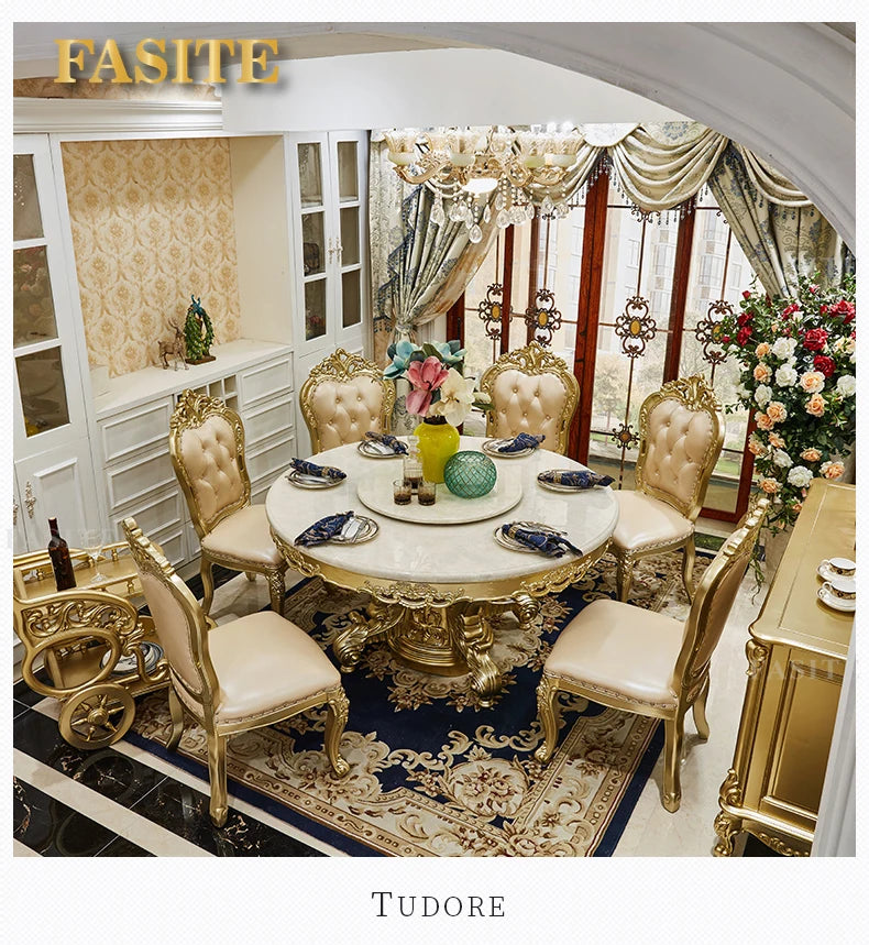 European round dining table and chair combination full solid wood carving flower dining table French marble round dining table