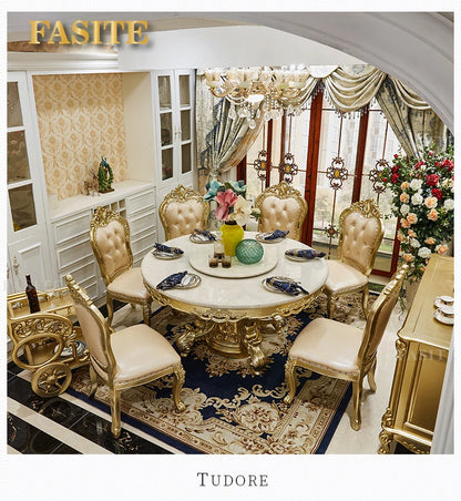 European round dining table and chair combination full solid wood carving flower dining table French marble round dining table