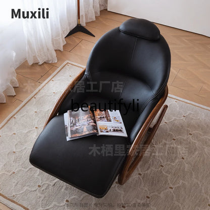 Lazy sofa pewter solid wood leather high-end lazy sofa reclining and sleeping rocking chair