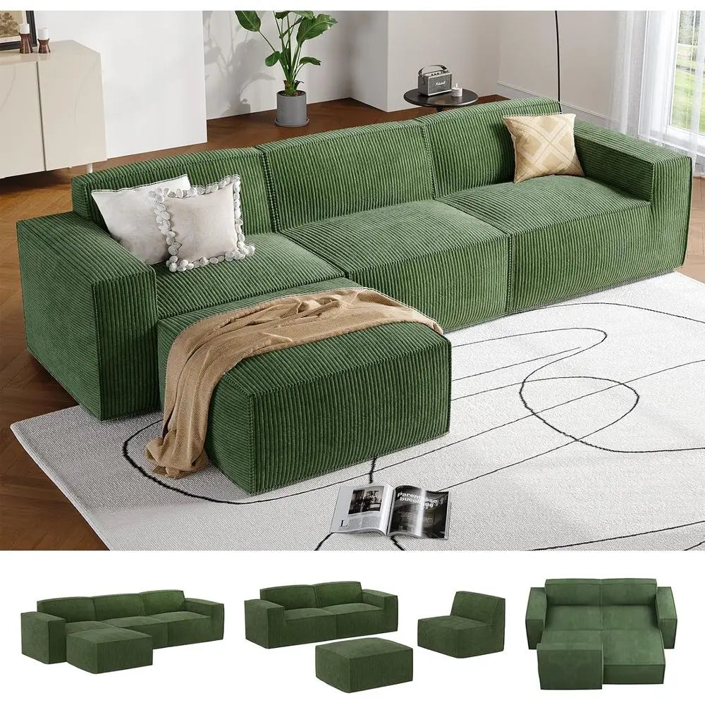 L-Shape Sectional Couch with Chaise & Ottoman, Deep Seat Sofa, Living Room/Bedroom, Ready to Use, Green Corduroy