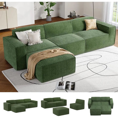 L-Shape Sectional Couch with Chaise & Ottoman, Deep Seat Sofa, Living Room/Bedroom, Ready to Use, Green Corduroy