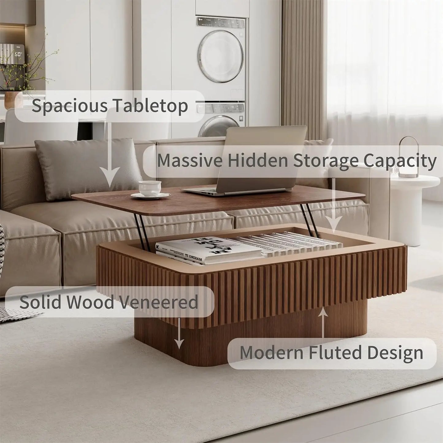 Lift Top Coffee Table For Living Room, Accent Fluted Coffee Table With Storage, Modern Solid Wood Veneered Rectangle Center Tea