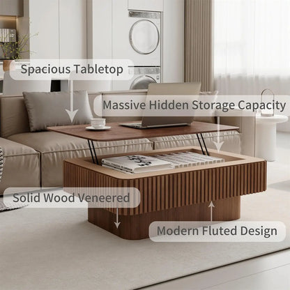 Lift Top Coffee Table For Living Room, Accent Fluted Coffee Table With Storage, Modern Solid Wood Veneered Rectangle Center Tea