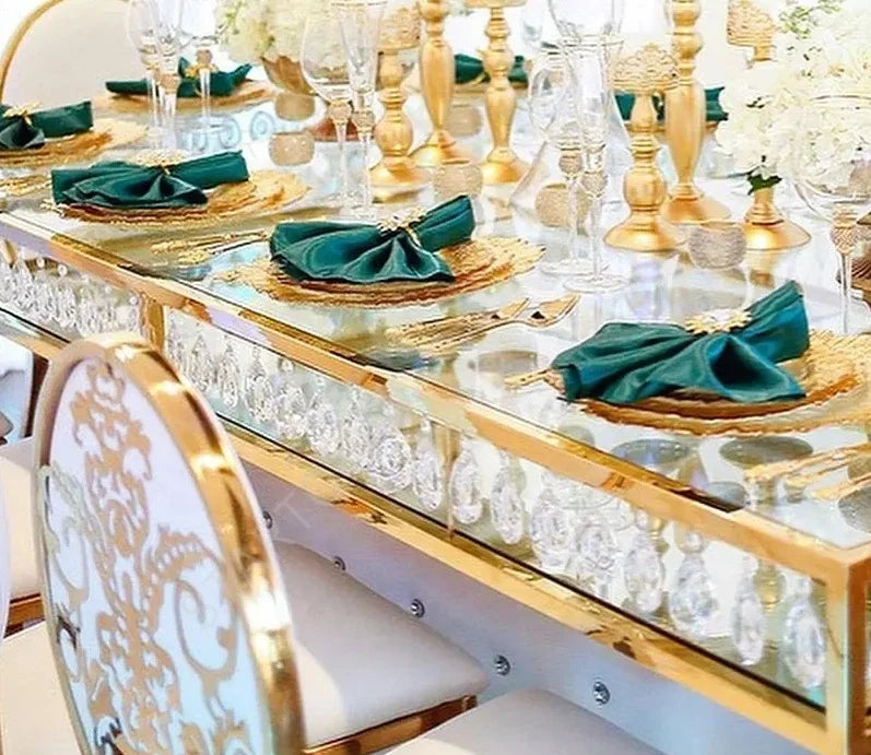 Modern Luxury Rectangle Gold Stainless Steel Banquet Table Crystal Glass Top Wedding Table for Wedding Event
