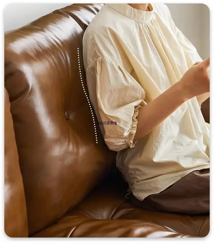 Medieval oil wax leather creative sofa living room retro old caramel color large straight row sofa