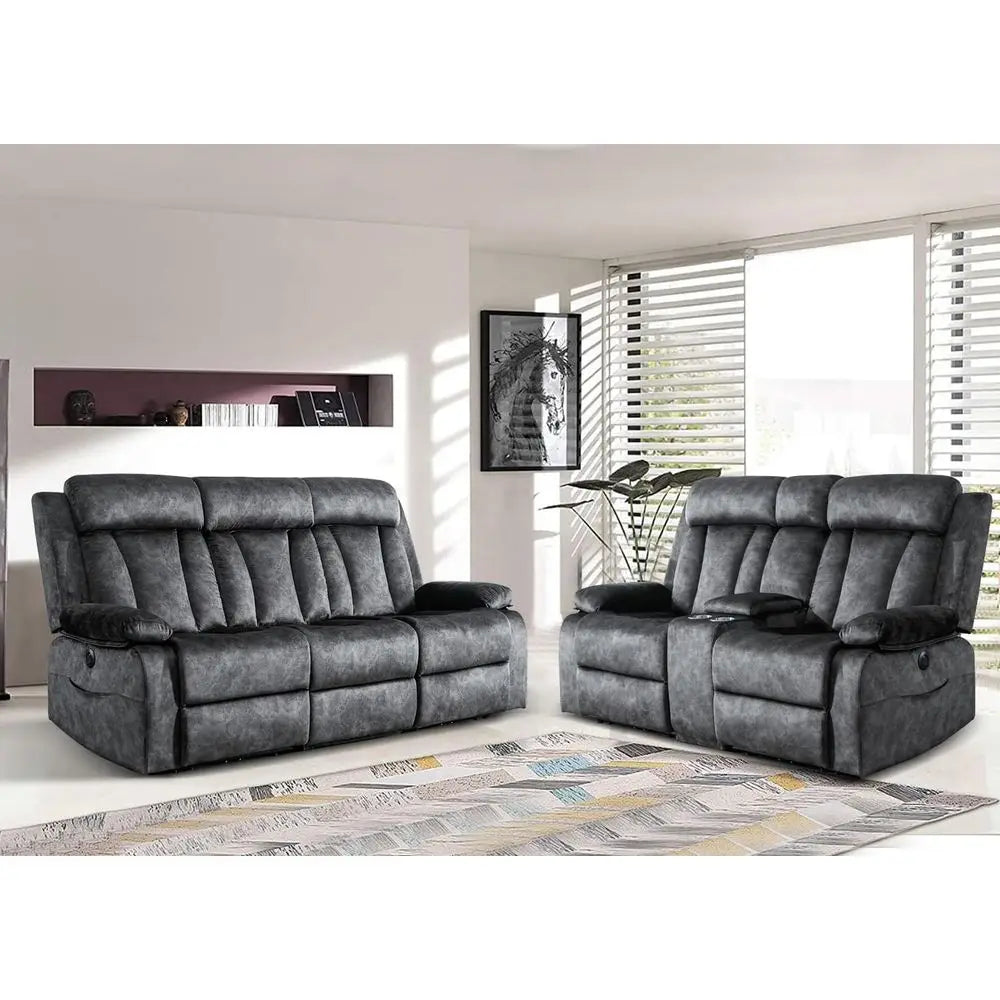 2-Piece Grey Reclining Couch Set with Padded Seats and Cup Holders for Living Room, Office, or Home Theater
