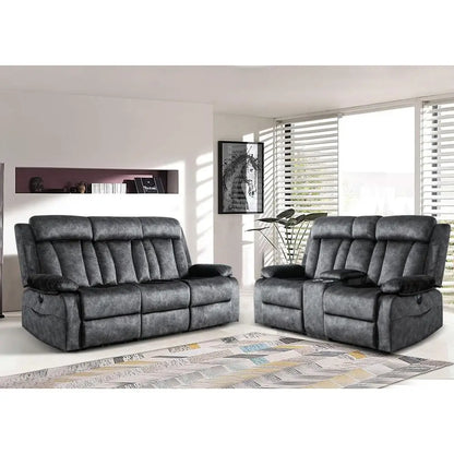 2-Piece Grey Reclining Couch Set with Padded Seats and Cup Holders for Living Room, Office, or Home Theater