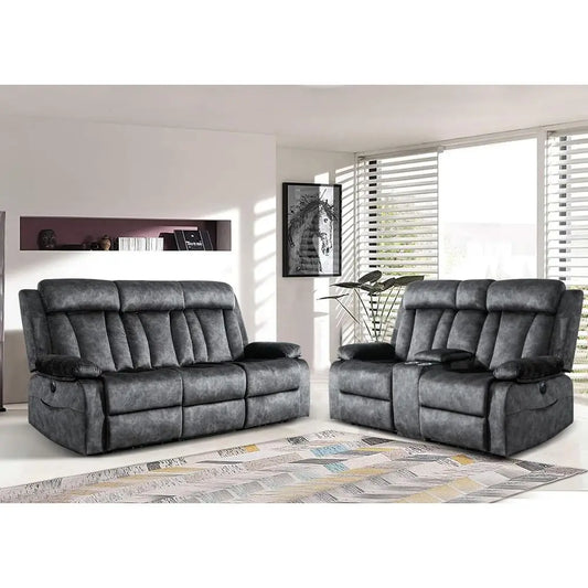 2-Piece Grey Reclining Couch Set with Padded Seats and Cup Holders for Living Room, Office, or Home Theater
