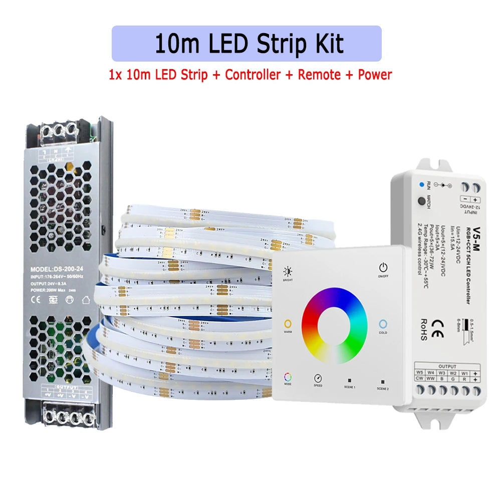 5M 10M 20M 24V COB RGB+CCT LED Strip Flexible Dimmable Room Cabinet Liner Light Bedroom Decor 2.4G RF Touch Panel Remote Control