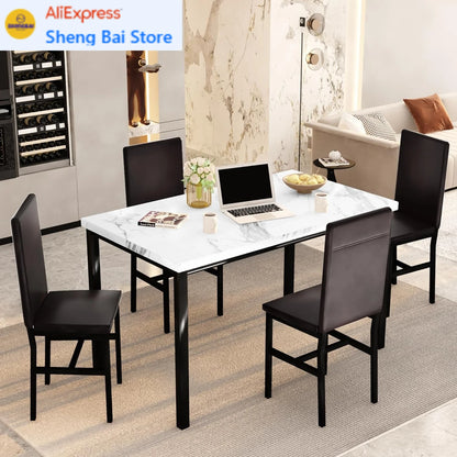 Modern Kitchen & Dining Room Sets Faux Marble Table with 4 Leather Chairs for Small Space, Home Kitchen, Apartment, White
