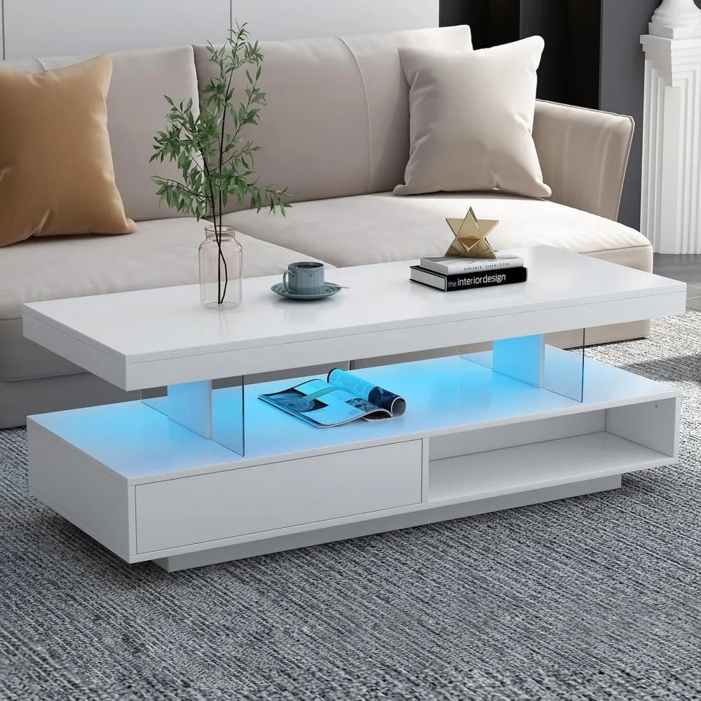 Modern LED Coffee Table with Storage, High Gloss Cocktail Center Table with Drawers