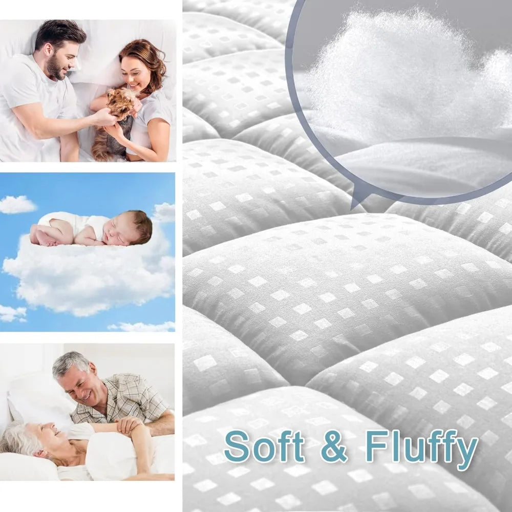 Quilted Cooling Pillow Top Mattress Protector with Breathable Fluffy Soft Cover for Queen Size Mattress