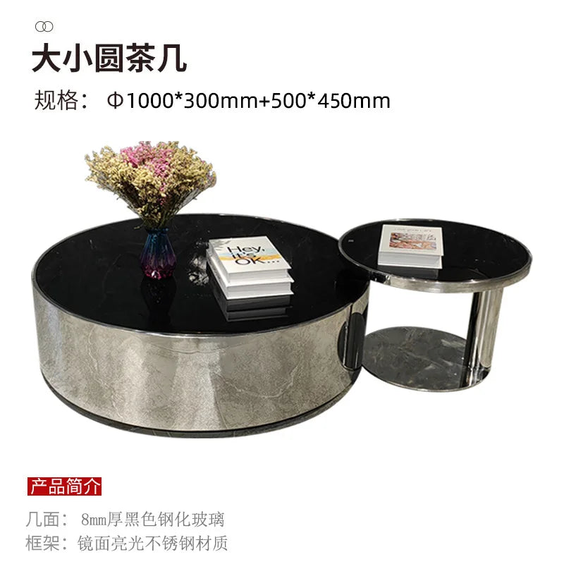 Italian mirror coffee table stainless steel small apartment tempered glass round combination design sense living room home