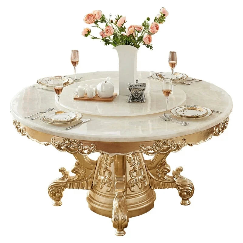 European white ice jade marble gold round dining table and chair combination European luxury solid wood dining table