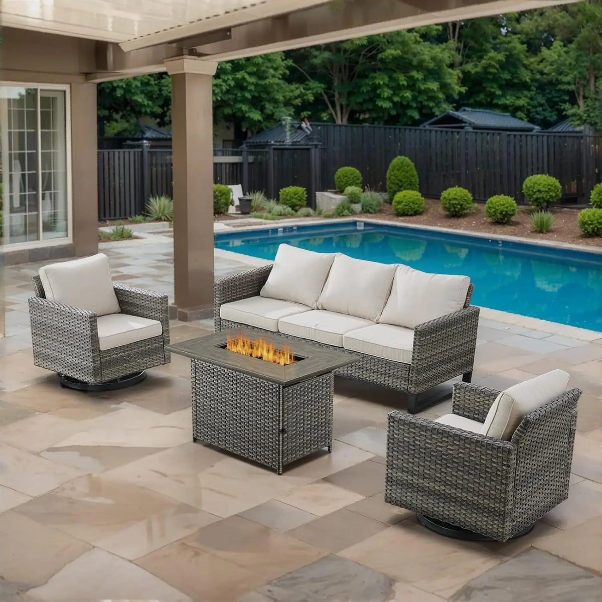 7 Piece Wicker Patio Furniture Set - Outdoor Swivel Rocker Chairs Set with Coffee Table, Side Table, 3 Seat Sofa & Ottomans, Sma