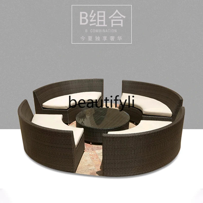 Modern Imitation Rattan Round Sofa Set Outdoor Garden Patio Rattan Woven Sofa Leisure Balcony Rattan Chair Furniture