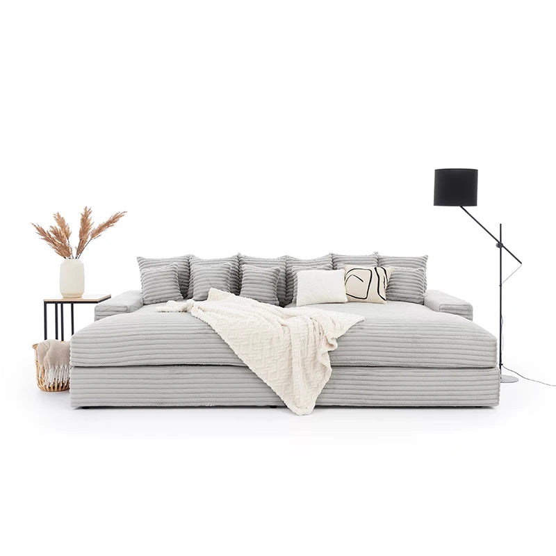 Wide Deep Seat Oversized Loveseat Chaise Compressed Sofa Bed, Fluffy Corduroy Upholstered Cloud Couch Living Room Sofas