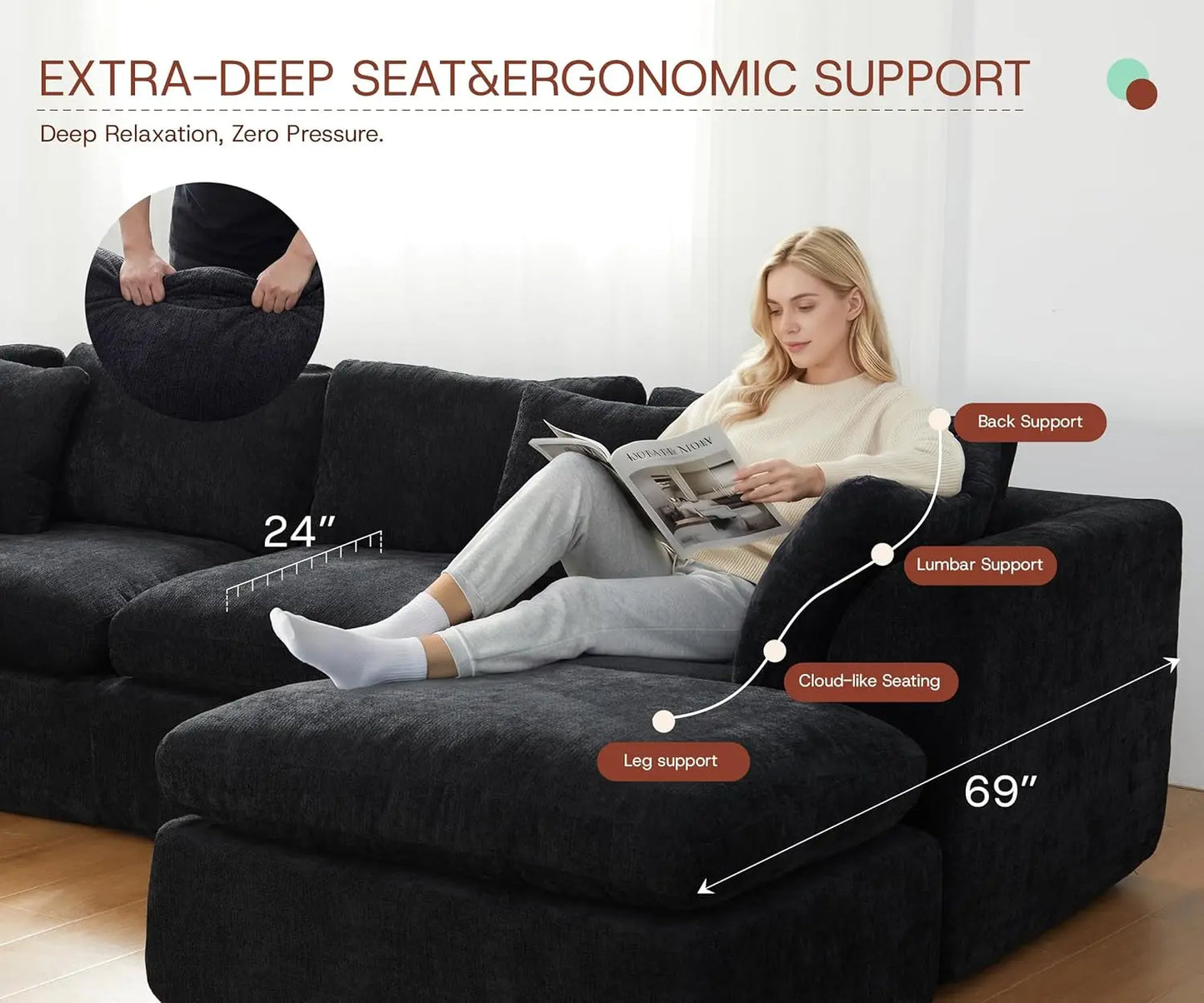 110''Oversized Modular Sectional Sofa Chenille Deep Seat Memory Foam L Shape Ottoman 2 Pillows Washable Cover Living Room Custom