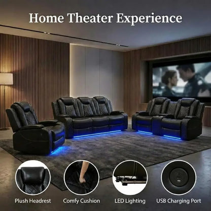 3-Piece Power Reclining Sectional Sofa with LED Lights, Air Leather Recliner with USB Port and Storage, Black Living Room Furnit