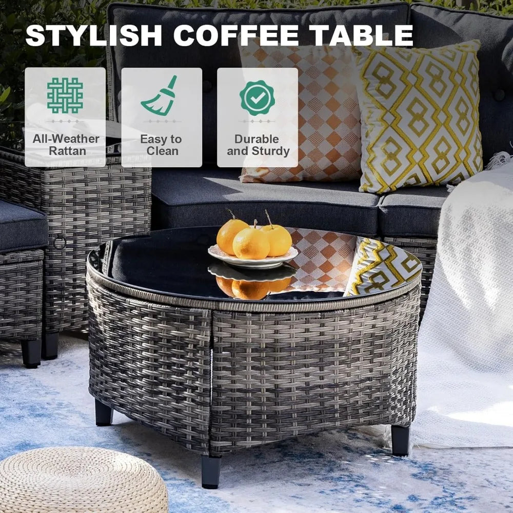 11 Piece Outdoor Patio Furniture Set, Half-Moon Curved Sectional Sofa Rattan Conversation Set with Wood Armrests, Co