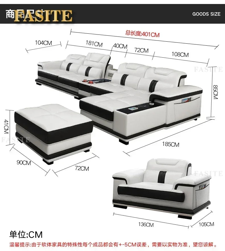 durable Living Room Sofa set corner sofa speaker real genuine cow leather sectional sofas nordic L shape bluetooth headrest func