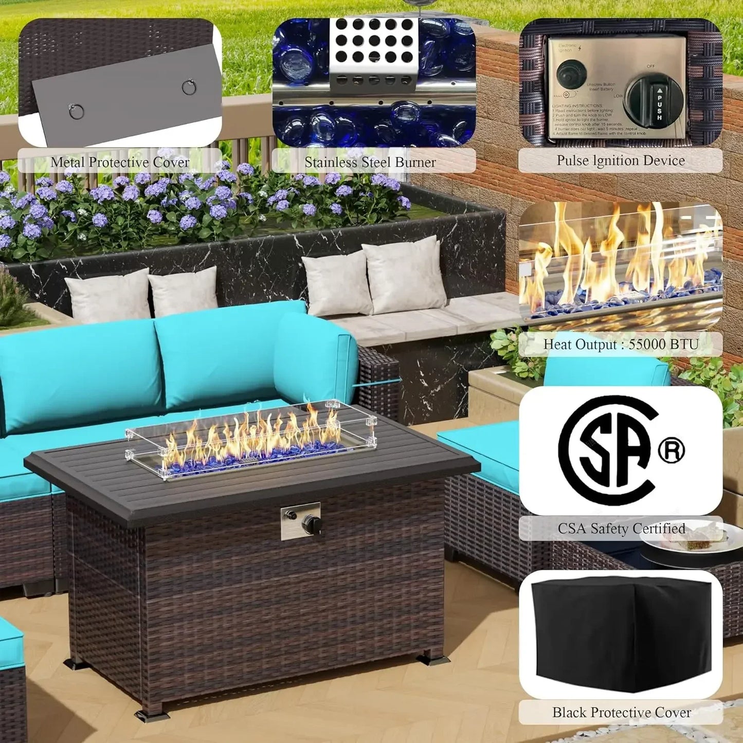 Outdoor Patio Furniture with Propane Fire Pit Table Sectional Sofa Conversation Sets w/ETL Approved
