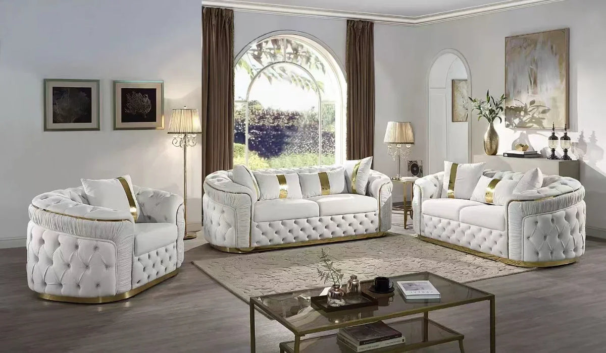 Luxury Rose Gold Leg White Chesterfield Sofa Velvet Fabric Button Tufted Living Room Couch Set Furniture