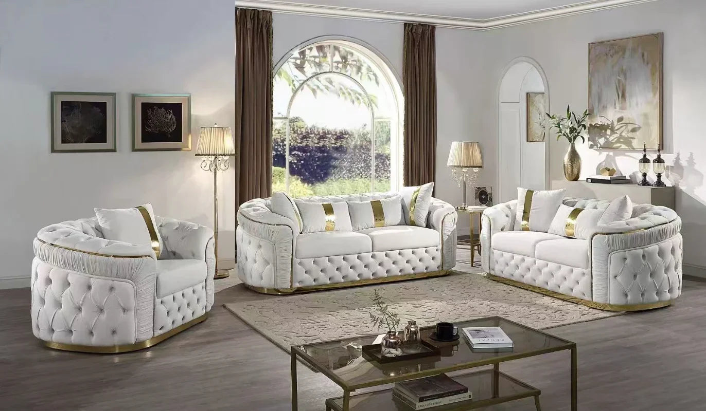 Luxury Rose Gold Leg White Chesterfield Sofa Velvet Fabric Button Tufted Living Room Couch Set Furniture