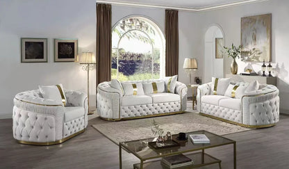 Luxury Rose Gold Leg White Chesterfield Sofa Velvet Fabric Button Tufted Living Room Couch Set Furniture
