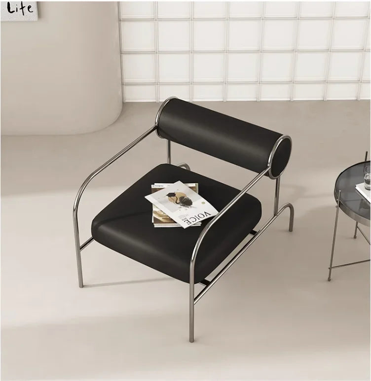 Art Deco Style Chrome & Leather Lounge Chair,Accent Leisure Chair with Geometric Metal Frame,Retro Furniture for Living Room