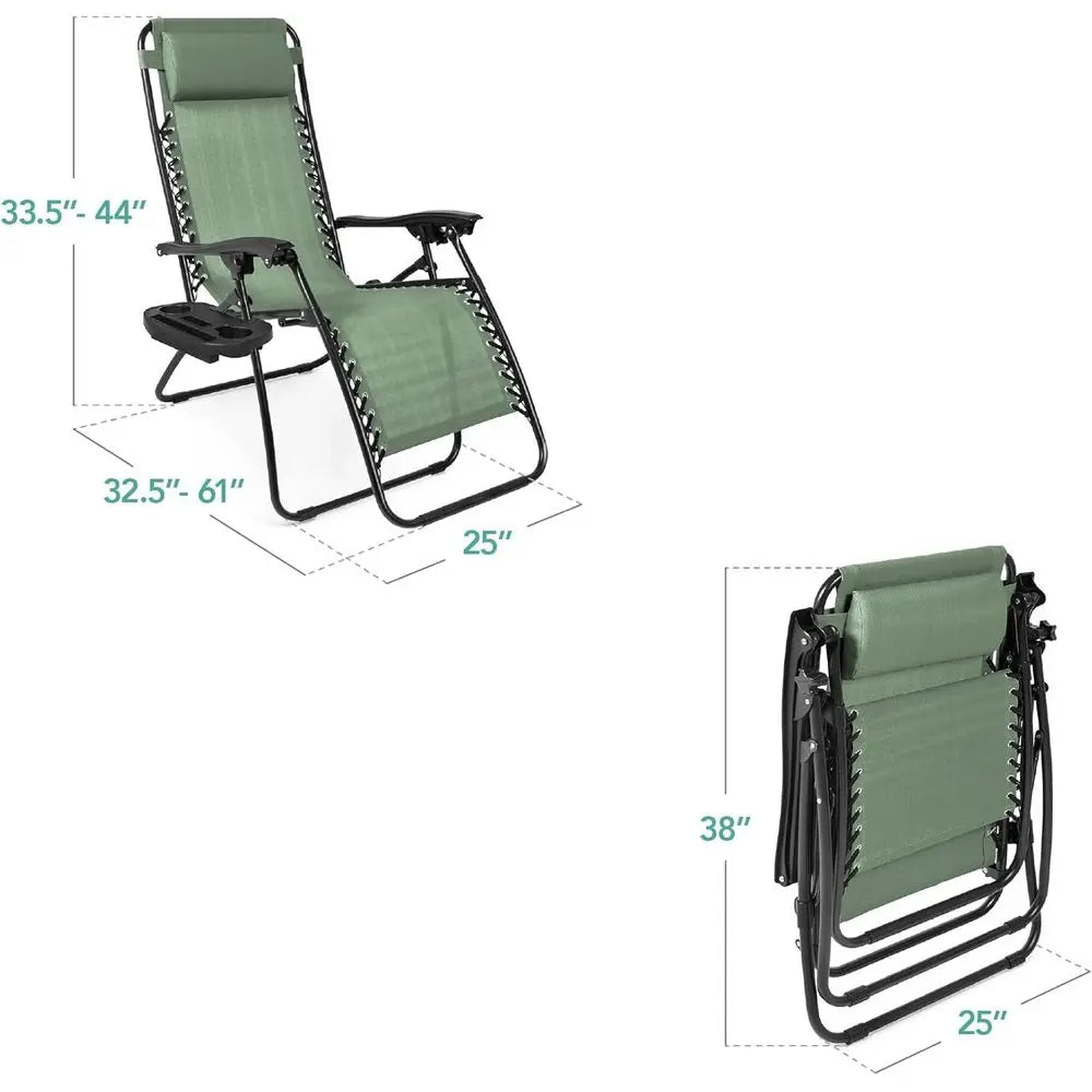 Adjustable Steel Mesh Zero Gravity Lounge Chair Recliners with Pillows and Cup Holder Trays - Sage Green
