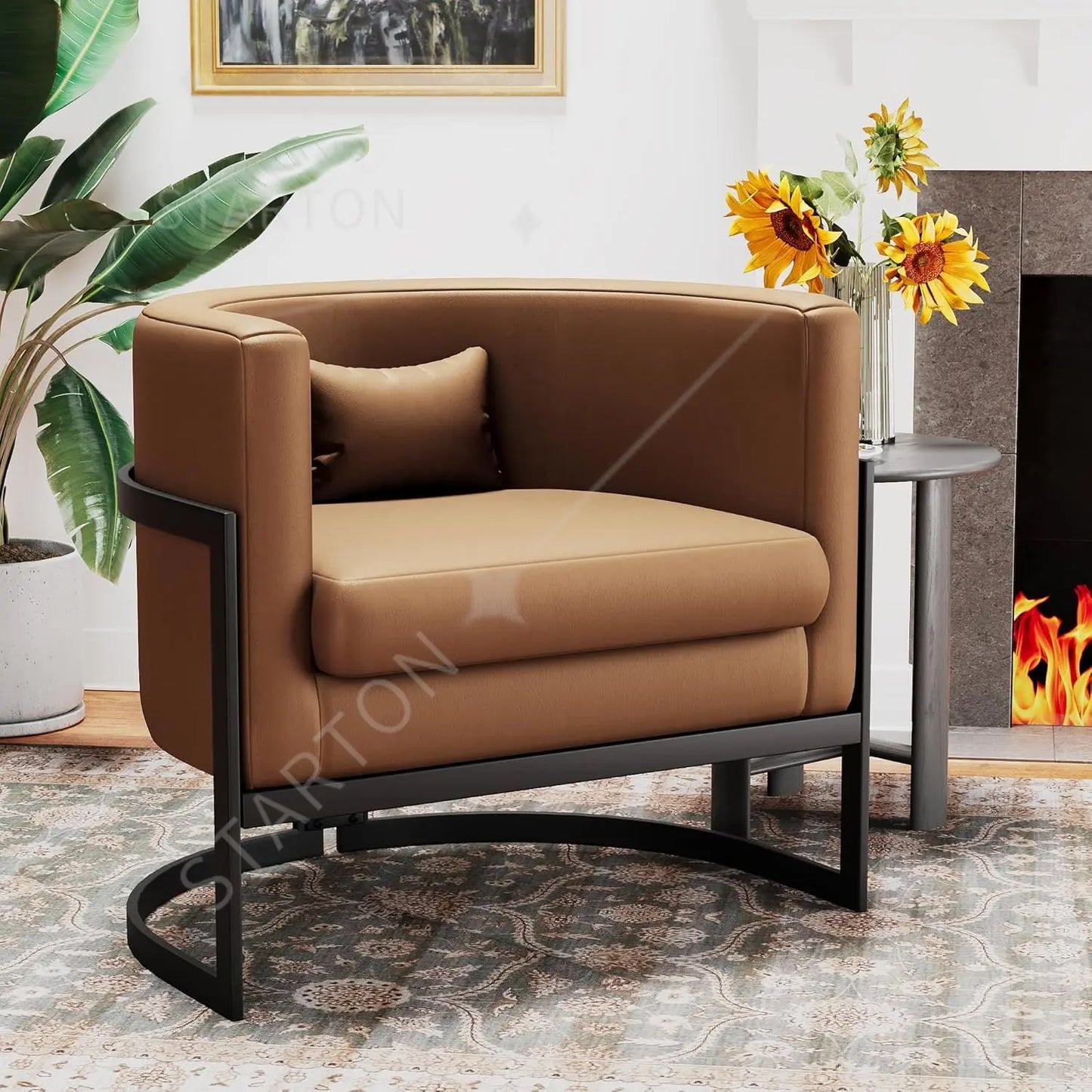 Modern Barrel Armchair for Bedroom, Living Room, or Vanity Corner Velvet Upholstered Accent Chair with Gold Frame