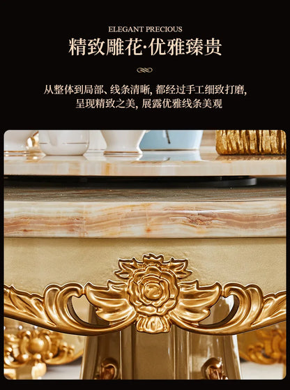 A07 European dining table and chair combination glass surface classical luxury solid wood carving flower round table with turnta