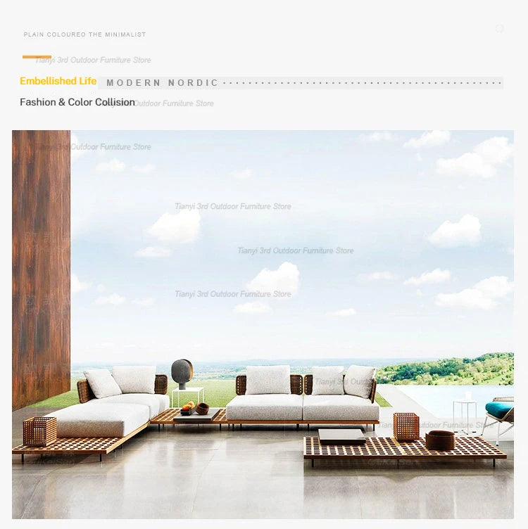 Italian Style Courtyard Villa Solid Wood Garden Sofas Rattan Weaving Modern Garden Sofa Simplicity Outdoor Furniture Divano FYOS