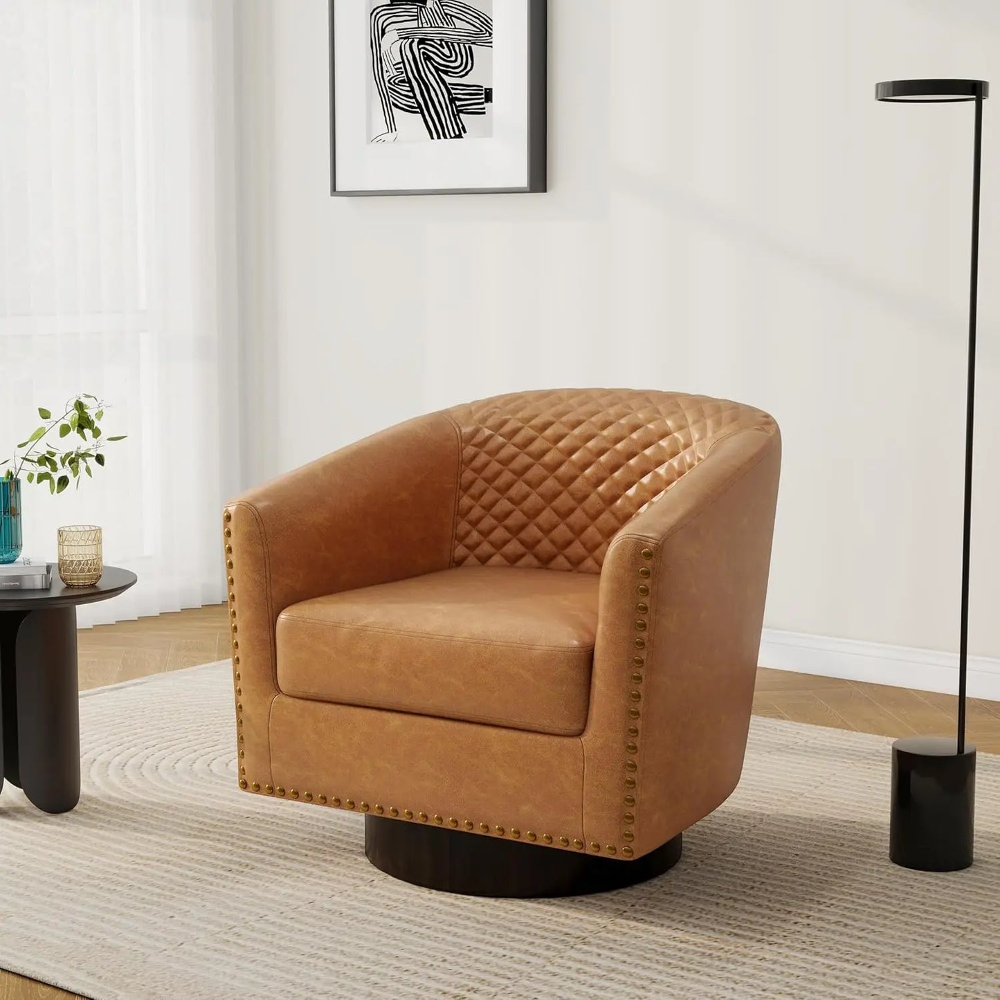 Pia Ricco Faux Leather Barrel Accent Chair, Modern Club Arm Chair Comfy Upholstered Single Sofa Chair with Solid Wood Legs and N