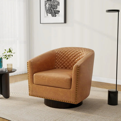 Pia Ricco Faux Leather Barrel Accent Chair, Modern Club Arm Chair Comfy Upholstered Single Sofa Chair with Solid Wood Legs and N
