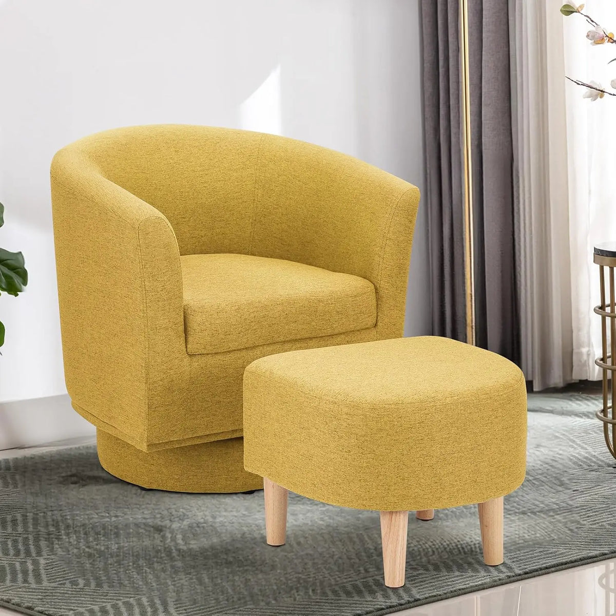 White Swivel Accent Chair with Ottoman, Modern Barrel Living Room Chair with 360° Swivel Base, Upholstered Armchair, Customized