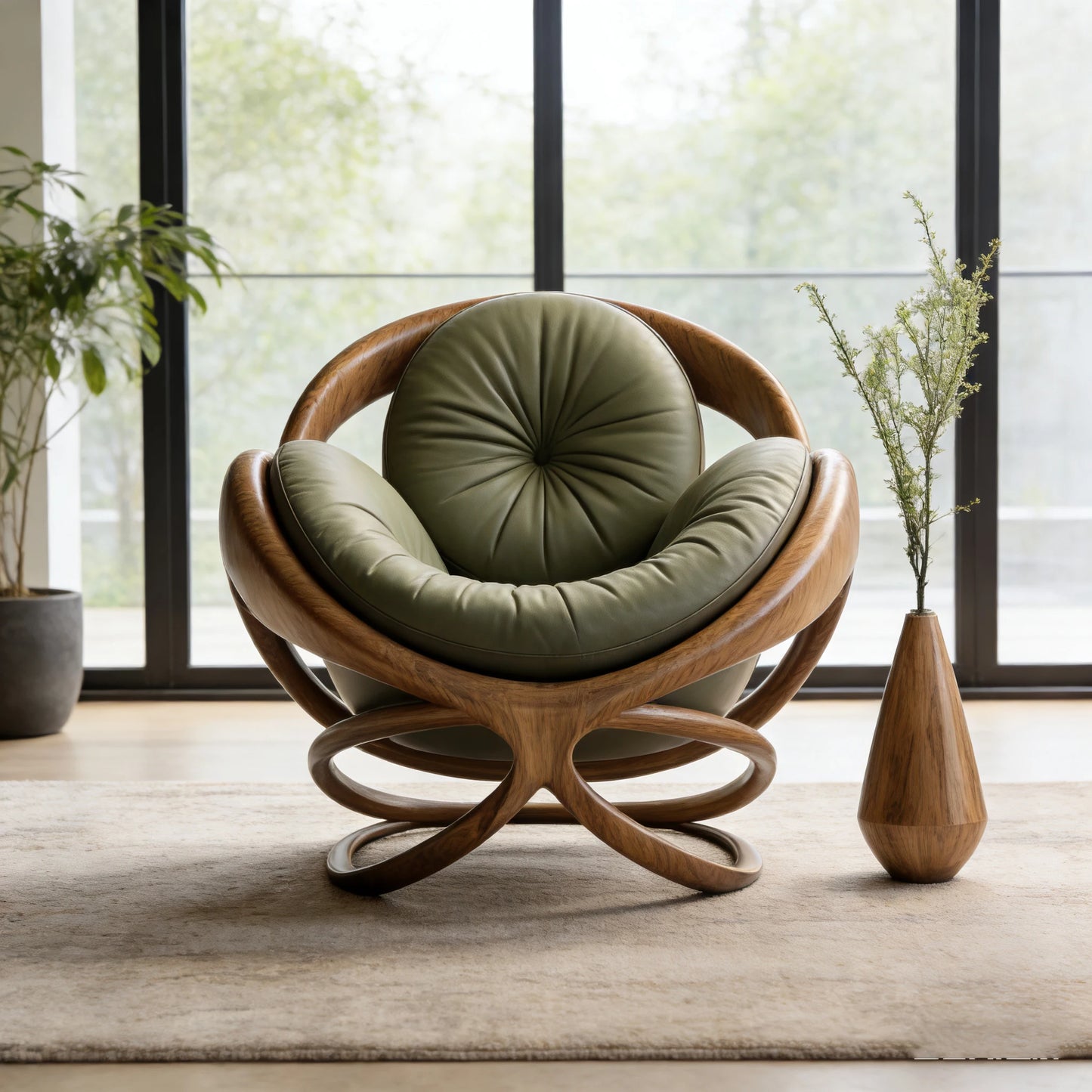klModern Design Solid Wood Circular Leisure Chair Leather Cushion Cross Base Customizable Fabric Color Living Room Single Chair！