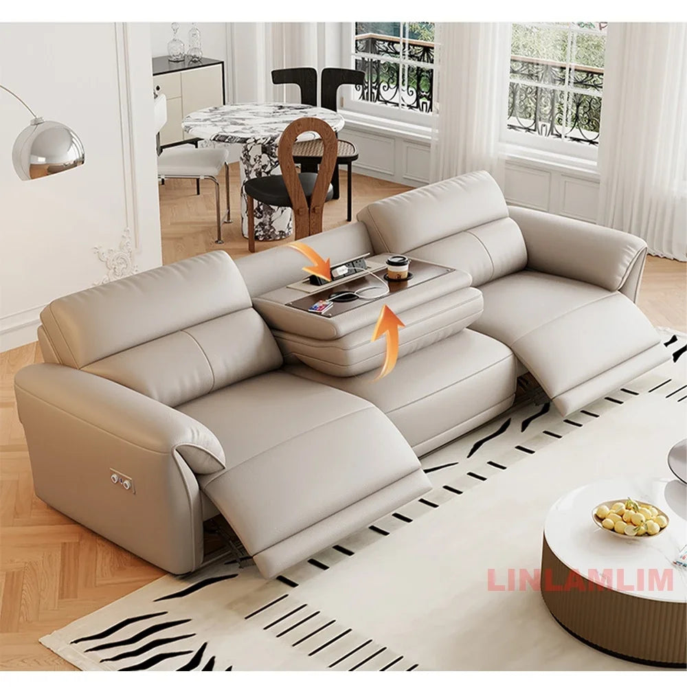 MINGDIBAO Modern Recliner Sofa with Hidden Foldable Tray Table and USB – Italian Genuine Leather Sectional Couch for Living Room