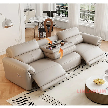 MINGDIBAO Modern Recliner Sofa with Hidden Foldable Tray Table and USB – Italian Genuine Leather Sectional Couch for Living Room