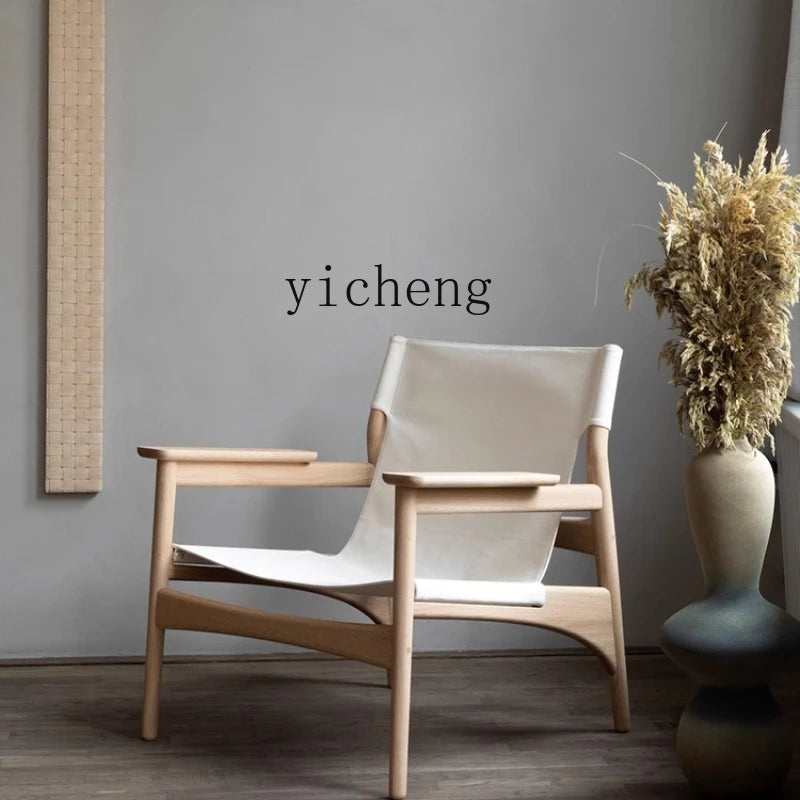 TQQ single solid wood leisure sofa chair living room saddle leather backrest balcony modern small apartment