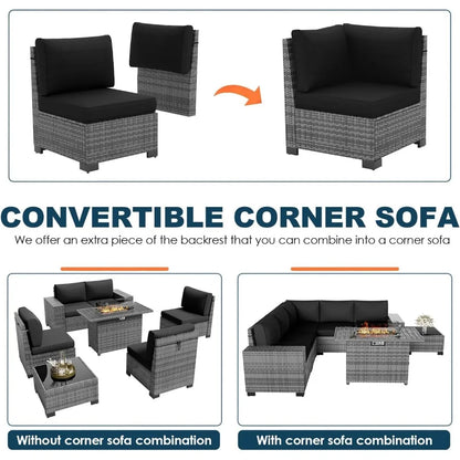 7-Piece Outdoor Patio Furniture Set with Fire Pit, Sectional Wicker Sofa and Coffee Table