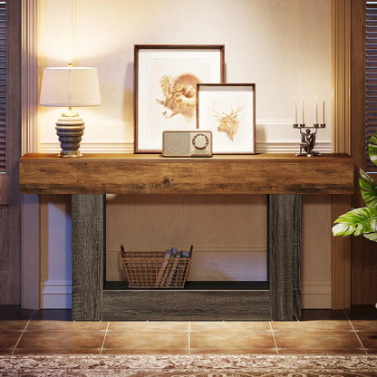 Rustic 2-Tier 63 Console Table with Storage for Entryway, Living Room, and Hallway in Brown & Gray