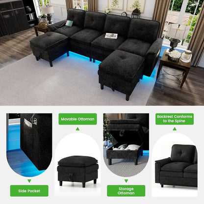 Sectional Couches with Charging, Storage Ottoman, 4-Seat LED U-Shape Sofa for Modern Living Rooms