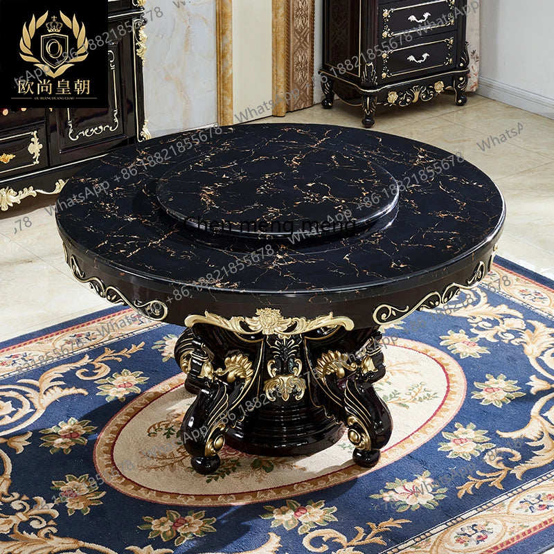 Luxury European dining table Large round table Marble dining table and chair combination American carved family