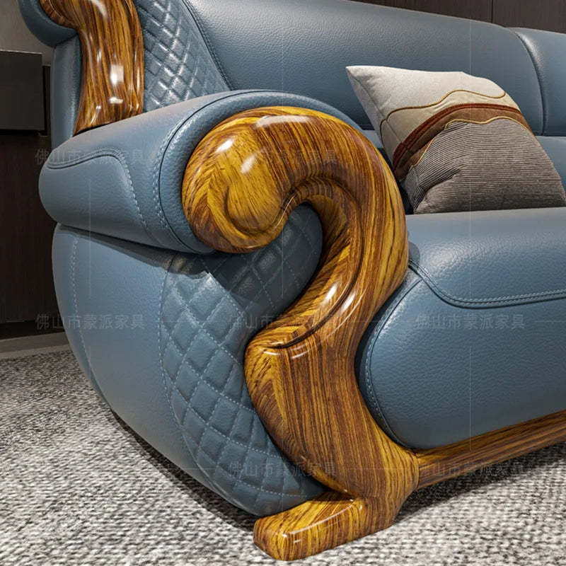 New Chinese ebony leather sofa combination first layer cowhide high-end villa living room modern solid wood sofa furniture