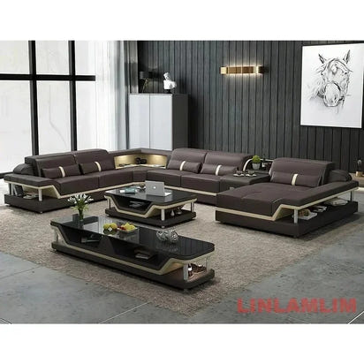 Minimalist Leather Sectional Sofa Set with Storage, Glass Coffee Table & TV Stand for Living Room