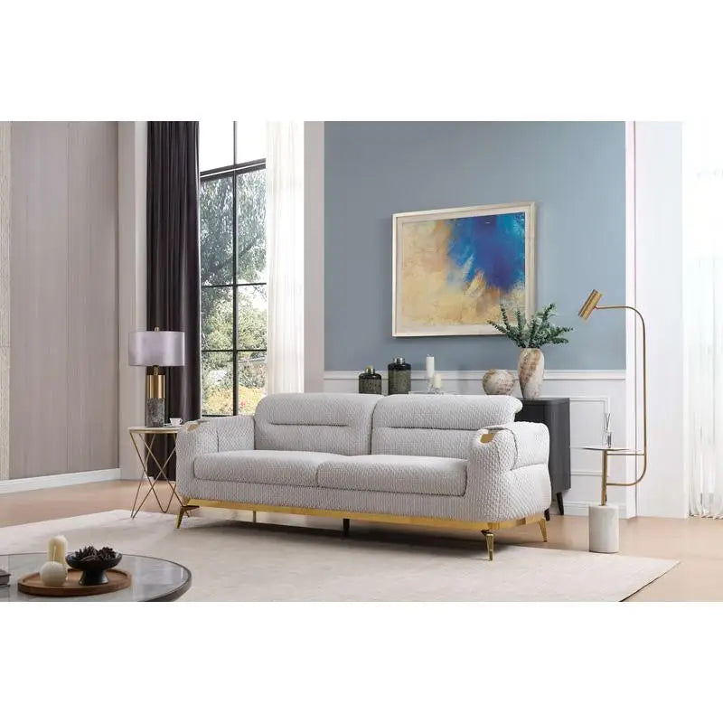 3PC Modern Living Room Set (Sofa + Loveseat + Chair) in Gray with Wood and Gold Accents